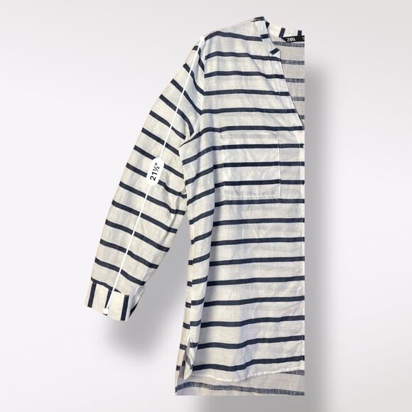 Zara Striped Blue White Oversized Linen V Neck Shirt Size L‎ Coastal Nautical - Picture 5 of 7